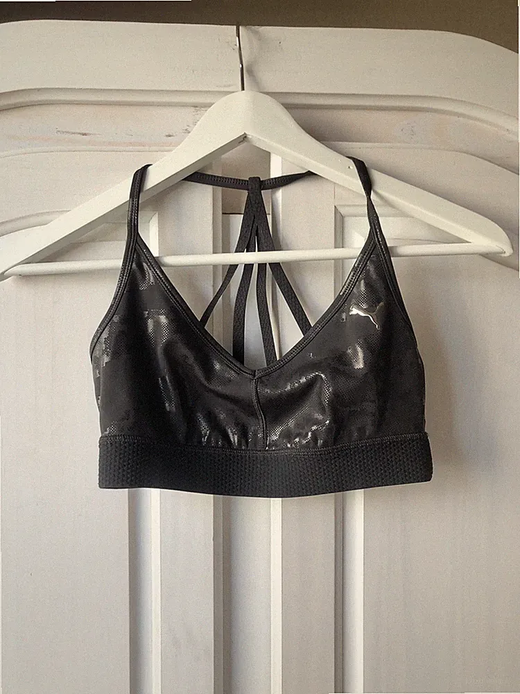 PUMA Sport-BH Crop Top Bustier Bralette Metallic Logo Grau Weiß Silber S Nude