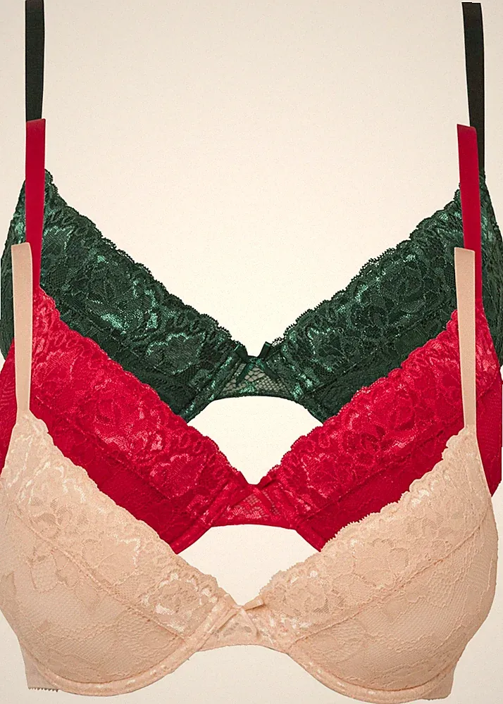 Push up BH mit Bügel Gr. 100 Cup D Perlbeige+Granatrot+Dunkelgrün Damen-Bra Neu