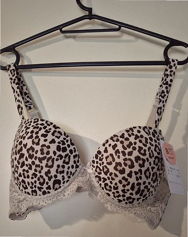 Push-Up Bügel-BH 85B Beige/Schwarz Leopardenmuster Spitze Hakenverschluss