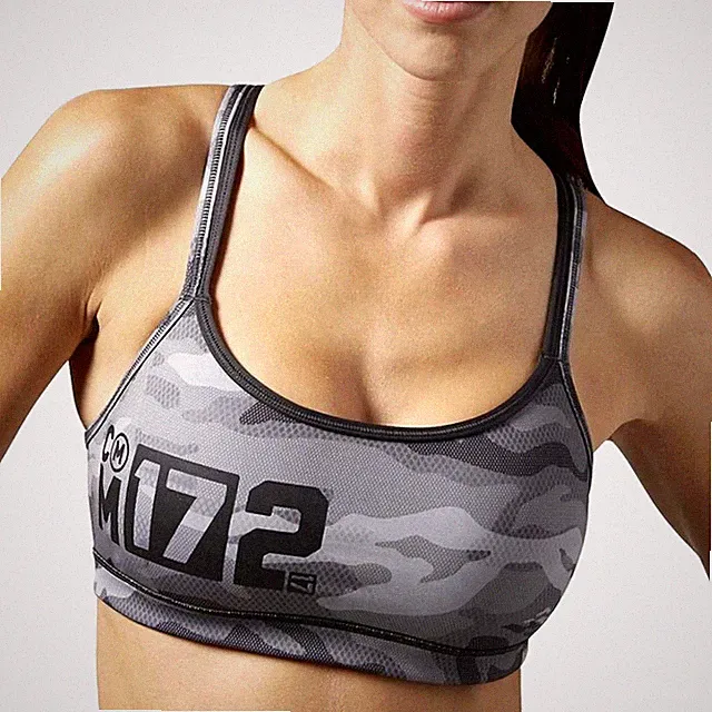 Reebok Damen Sport BH Fitness Crop Bustier Running Camouflage Armee grau/schwarz