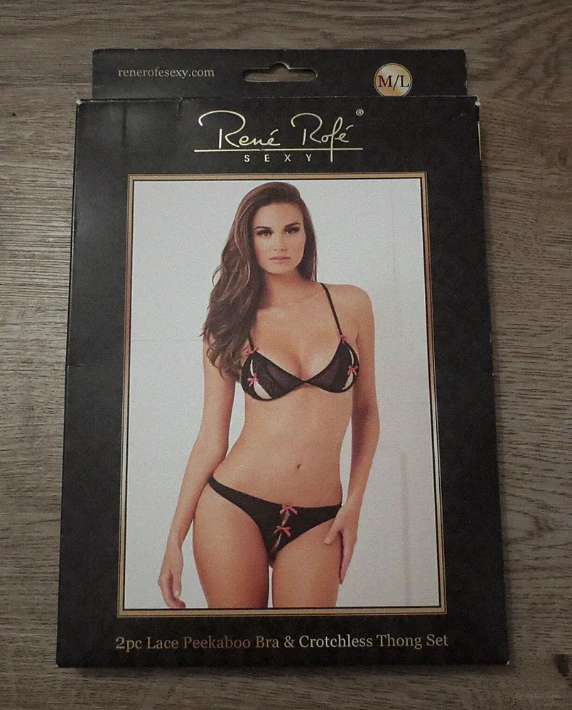 Rene Rofe Set Bügelloser BH + Ouvert-Tanga transparent Spitze M/L schwarz NEU