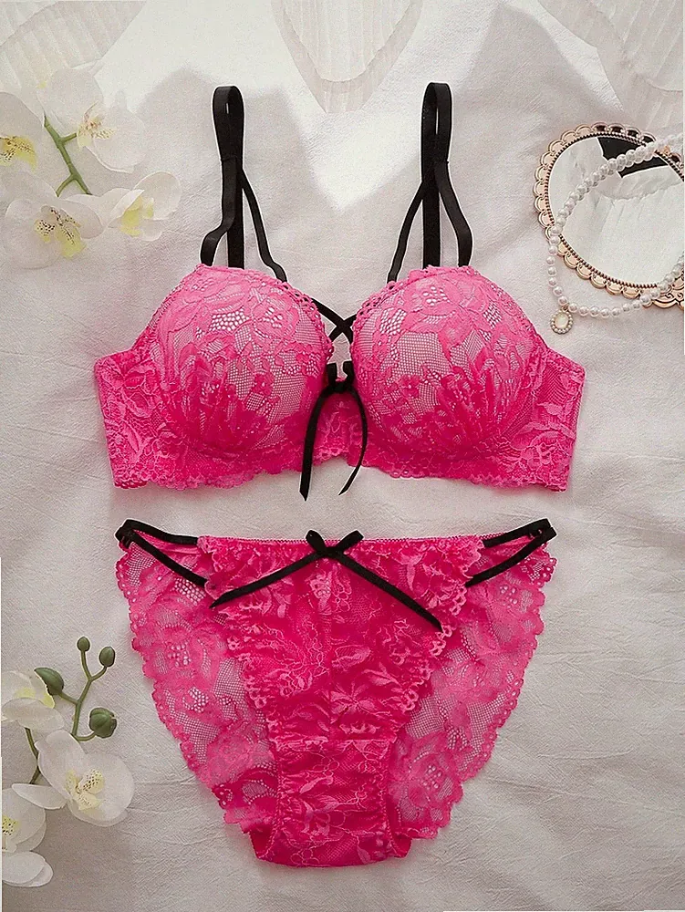 Romantisches Blumen Spitzen Balconette BH Set in Pink 2 Stück Billig24