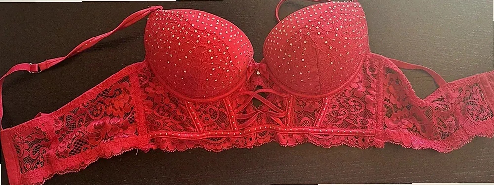 Roter Push-Up-BH aus Spitze mit Strass, gepolstert, Größe 75B, Damen