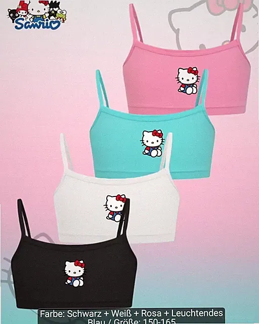 Sanrio Hello Kitty Mädchen BH Trägertop Motivdruck 4er Pack Gr. 150-165 Nahtlos