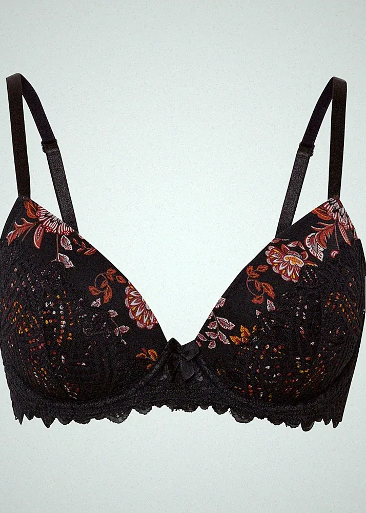Schalen BH mit Bügel Gr. 75 (E) Schwarz Geblümt Damen-Bra Unterwasche Neu*