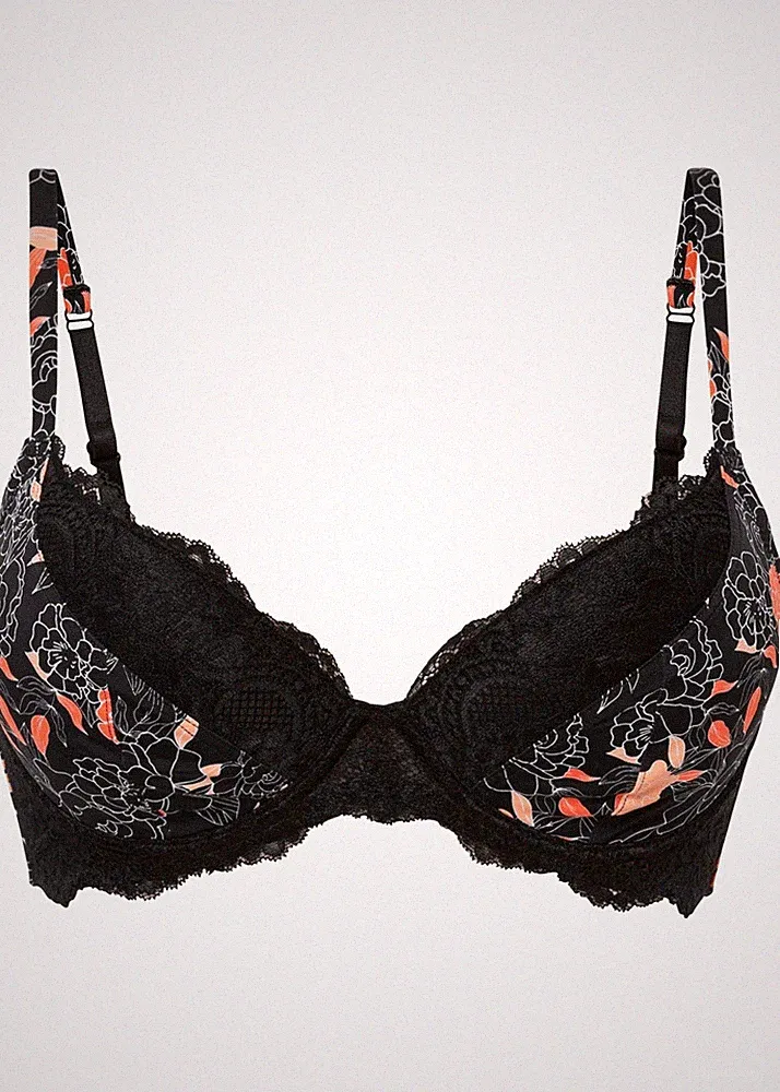 Schalen BH mit Bügel Gr 80 Cup C Schwarz Geblümt Damen-Unterwasche Oberteil Neu*