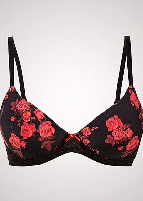 Schalen BH mit Bügel Gr 80 Cup F Schwarz Geblümt Damen-Unterwasche Oberteil Neu*