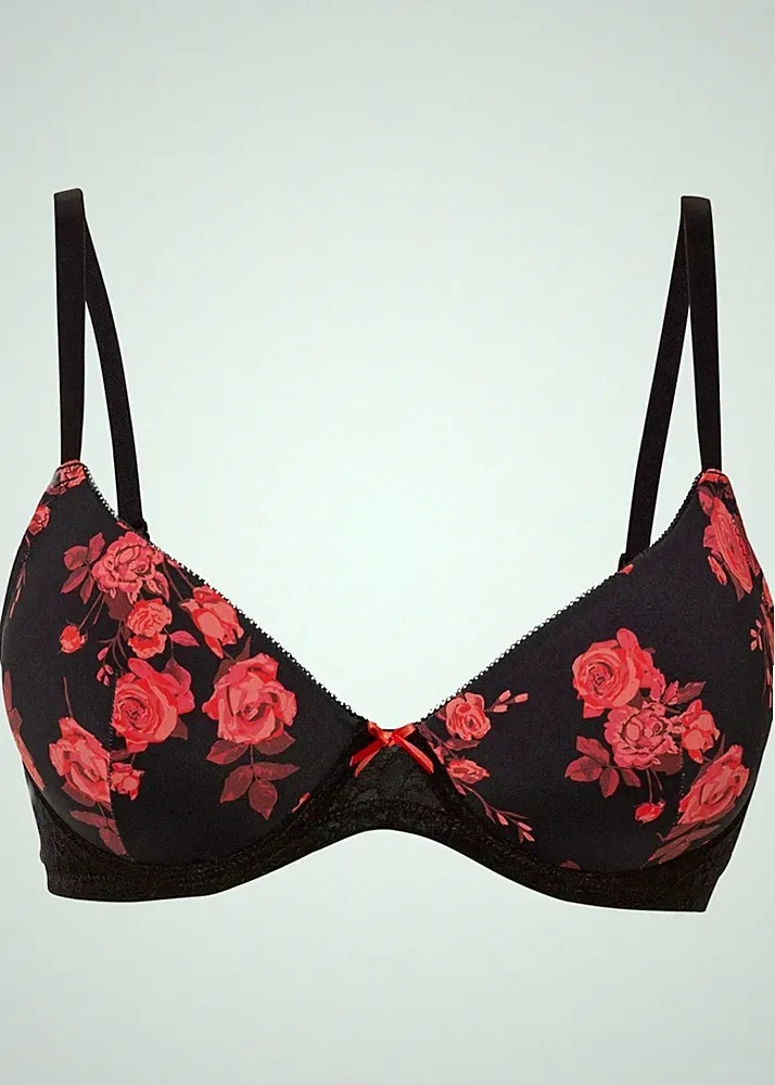 Schalen BH mit Bügel Gr 90 Cup F Schwarz Geblümt Damen-Unterwasche Oberteil Neu*
