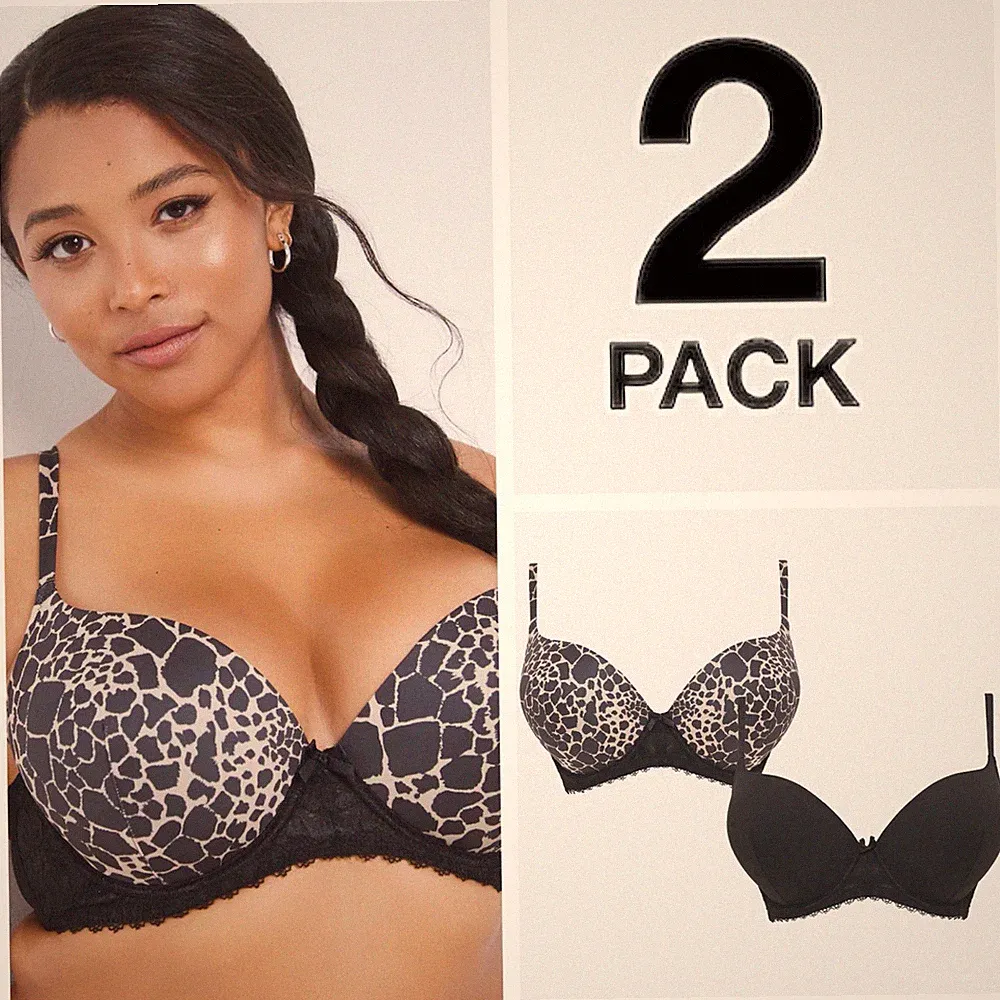 Schwarz/Animal Print 2er Pack geformter Plunge BH - Übergrößen