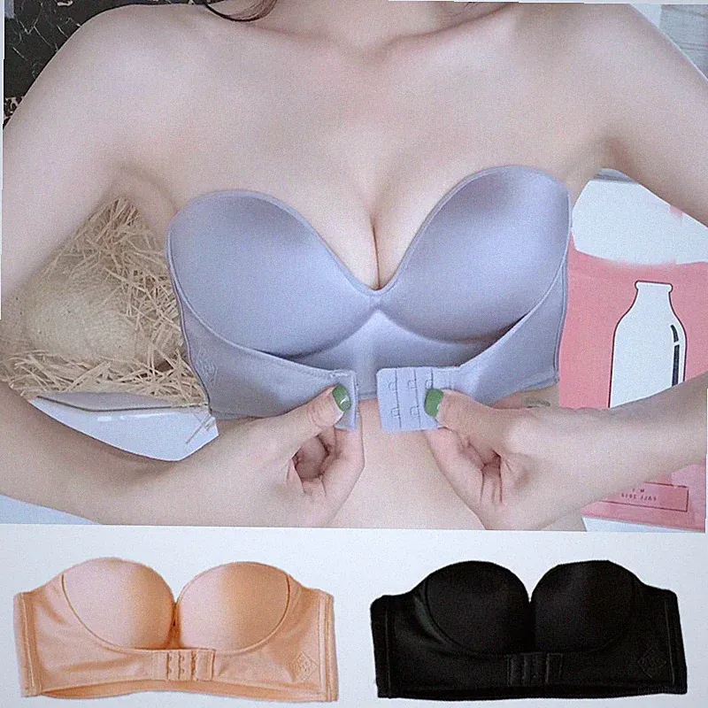 Schwarz Trägerloser Bh Mit Schnalle Vorne Unsichtbarer Push-Up-Bh Damen-Dessous
