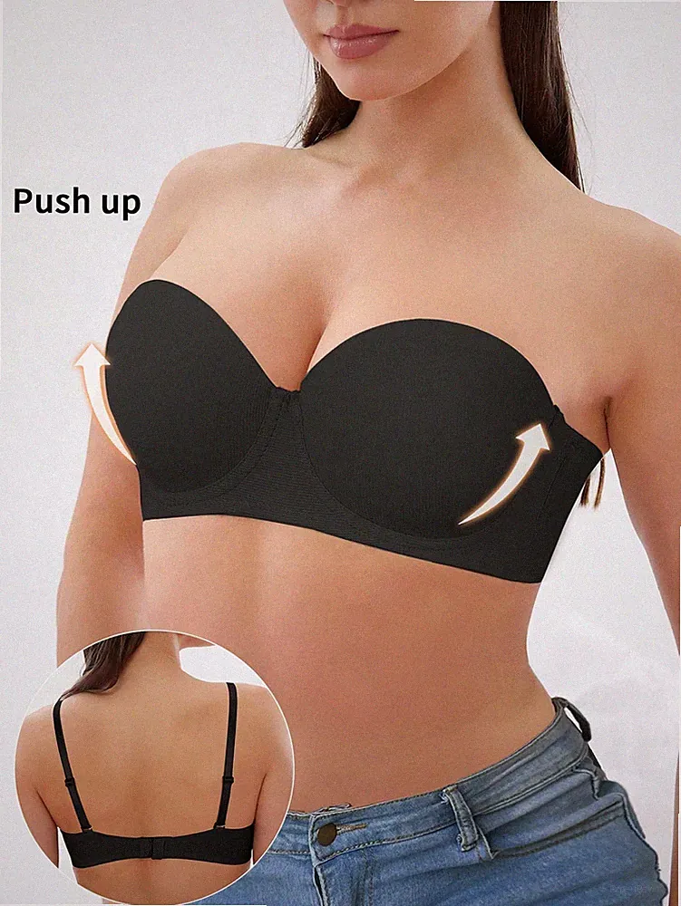 Schwarzer glänzender Push Up BH im Bandeau Stil mit abnehmbaren Trägern Billig24