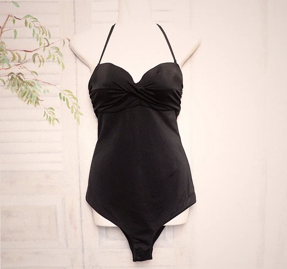 Schwarzer H&M Neckholder Schalen BH 75-80 B Rio Slip Badeanzug 40 42 P39