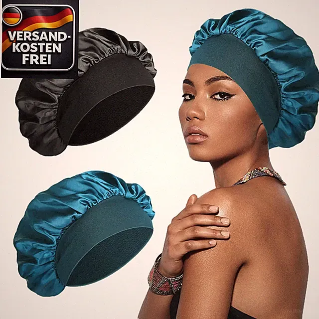 Seidenhaube Schlafmütze für Haare Schutz & Pflege 2 Stück, elastisch, schwarz &