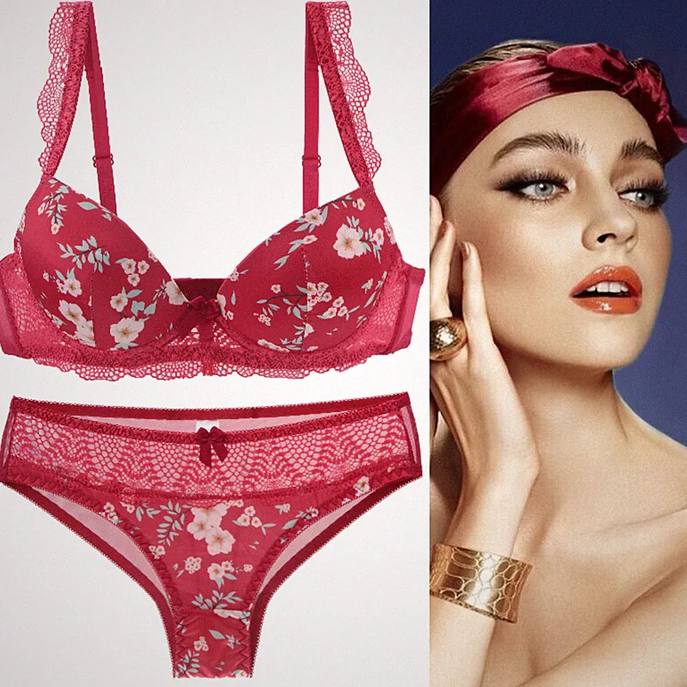 Sexy Blumenspitze gepolsterter Damen Push-Up-Plunge-BH-Set Dessous Unterwäsche