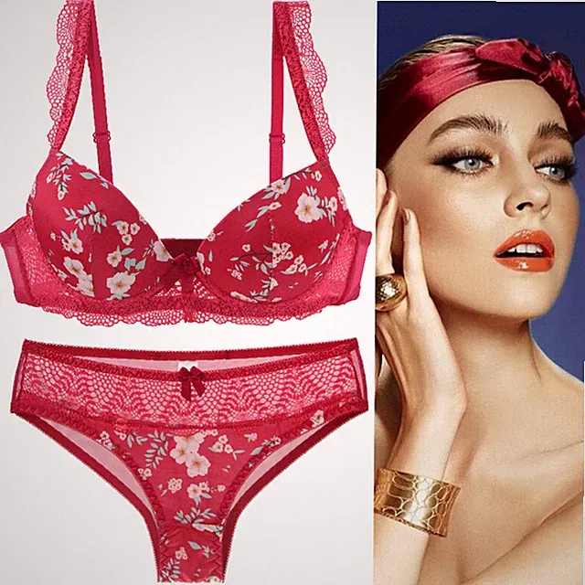 Sexy Blumenspitze Push-Up-Plunge-BH-Set gepolsterter Damen Dessous Unterwäsche