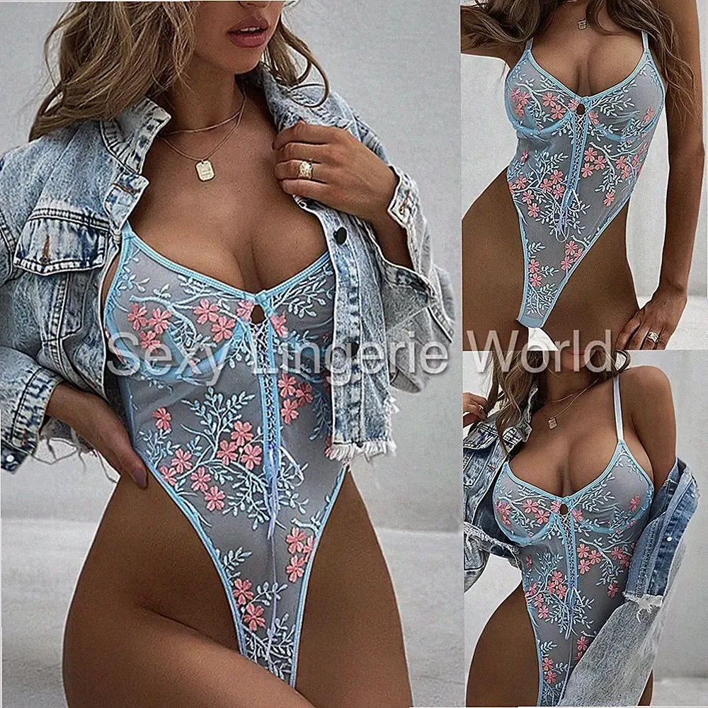 Sexy Body Dessous Spitzenbody Netz Stickerei Bügel BH Unterwäsche Nacht Teddy