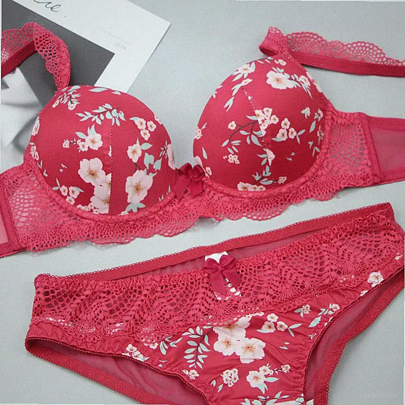Sexy Boost Push Up Plunge-BH-Set Stickerei-Spitze, dick gepolstertes Dessous-Set