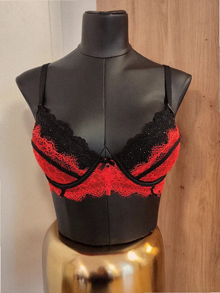 Sexy Bügel BH 75C Spitze Steinchen Verziert Schalen BH Rot Schwarz Neu