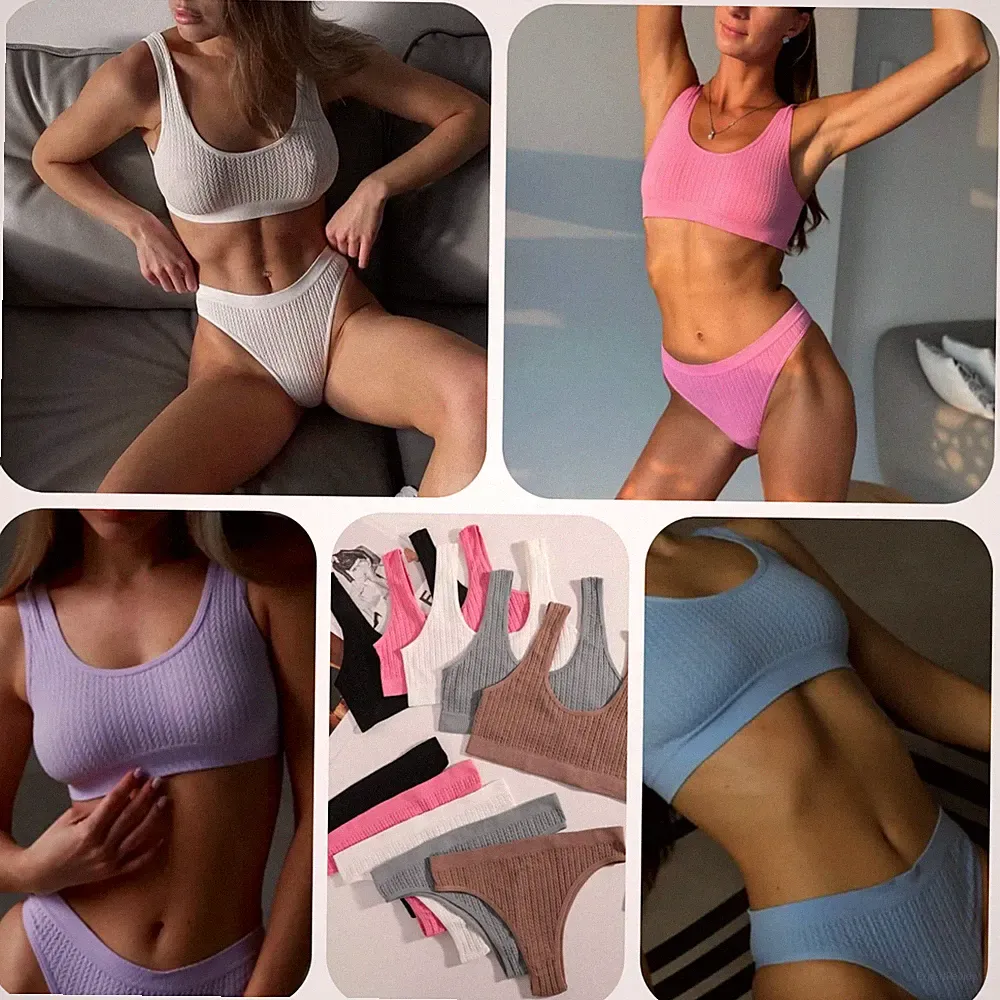 SeXy Damen BH Unterwäsche Set Sport Crop Top Brazilian Slip String Tanga S/M