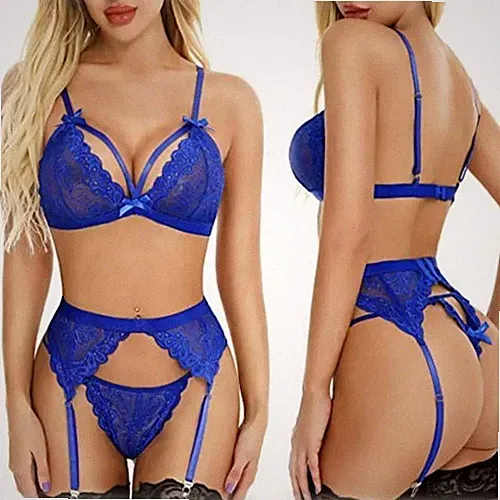 Sexy Damen Spitze Jakobsmuschel Blumen Dessous Nachtwäsche BH + Strapse + Tanga Set