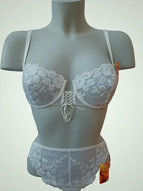 Sexy Dessous Set Spitze weiß-Reizwäsche-Bügel BH u. Slip transparent Gr. S / 75C