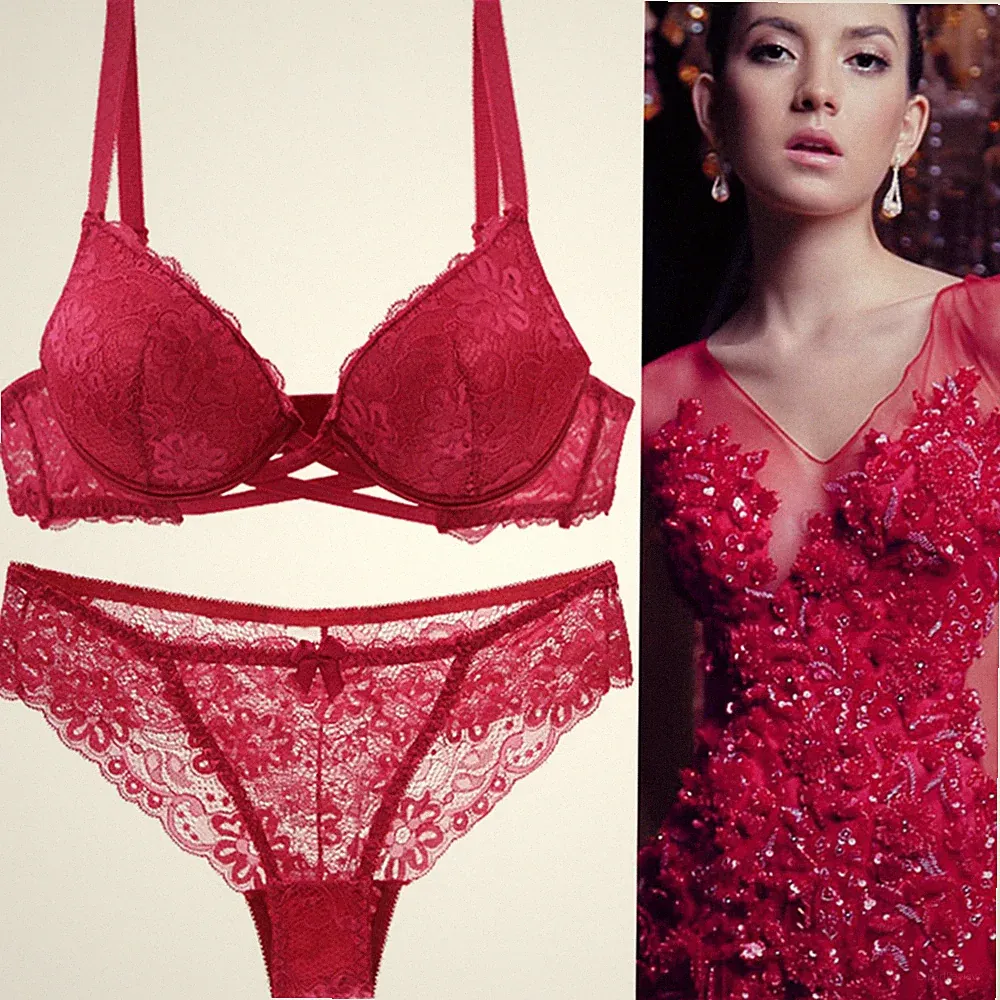 Sexy floraler gepolstertes Push-Up-Plunge-BH-Set mit Stickerei Spitze B C D