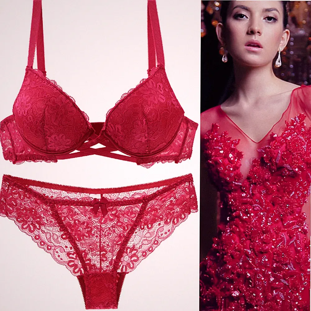Sexy gepolstertes Push-Up-Plunge-BH-Set mit Stickerei und floraler Spitze B C D