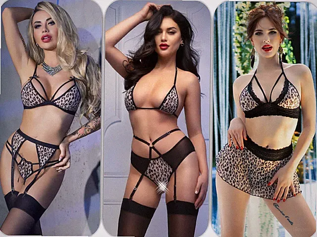 SeXy Leoparden BH Set String Tanga Strümpfe Strumpfhaltergürtel Dessous GoGo