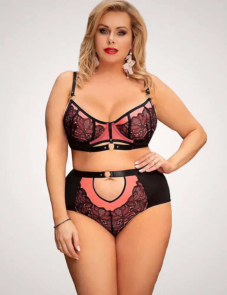Sexy Rosa Schwarz Träger Spitze BH Bralette Unterwäsche Dessous Set Plus Größe 8-22
