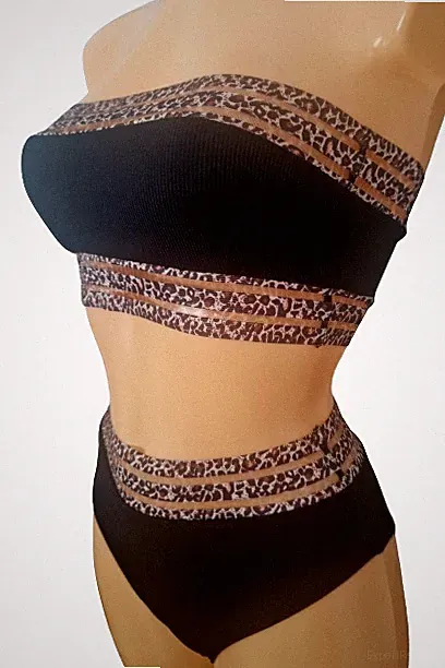 SEXY TRÄGERLOSER GEPOLSTERTER BIKINI LEOPARDENMUSTER NETZDETAIL VERSCHIEDENE GRÖSSEN NEU