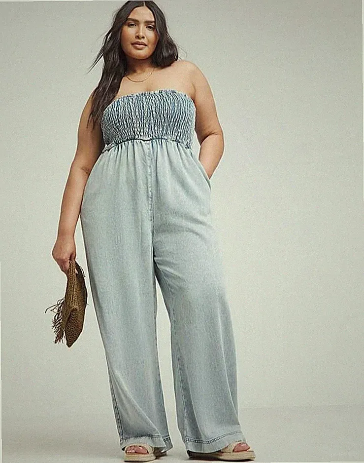 SIMPLY BE Jeans Overall Damen Größe 24 & 30 Bandeau helle Waschung blau weites Bein