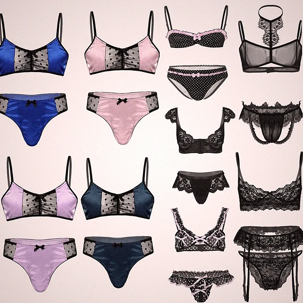 Sissy Dessous-Set Herren Satin Mesh BH Bra Slip Panties Crossdresser Nachtwäsche