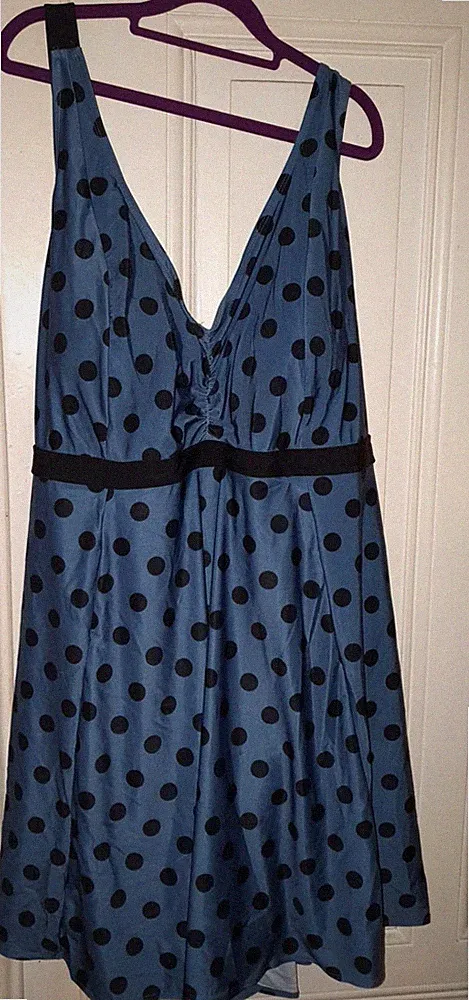 SNAG Badekleid "Polka" Blau mit schwarzen Punkten, Große Größe 60-62, wie NEU