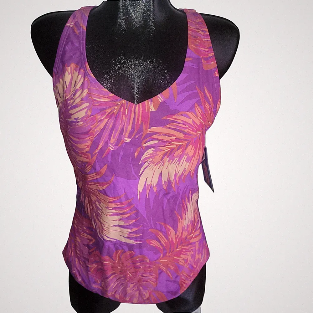 Speedo Purple And Pink Leaf Print Criss-cross Back Swimsuit Size 18