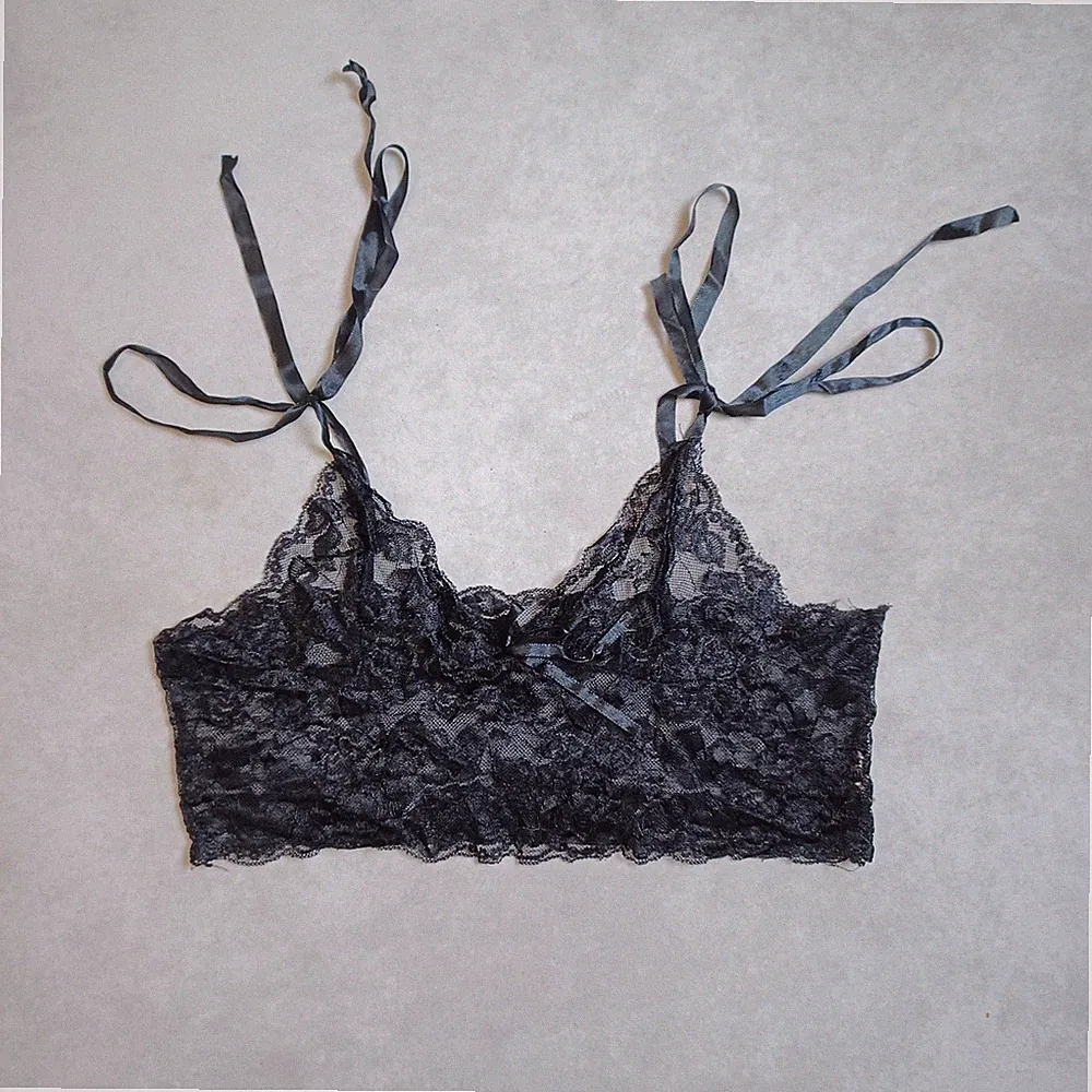 Spitze transparent Triangel Bralette Damen groß schwarz ungepolstert Bindeband sexy Dessous