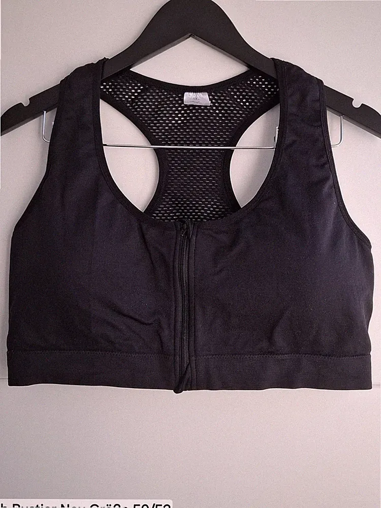Sport BH Bustier Gr. 50/52 Schwarz Reißverschluss vorne Mesh-Rücken NEU