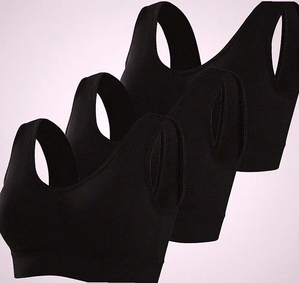Sport-BH Damen Große Brüste Starker Halt Push Up 3er Pack Gepolstert Schwarz