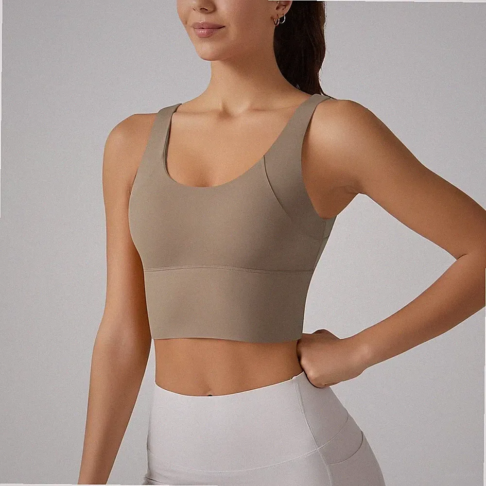 Sport BH Damen Push Up Rückenfrei Yoga Fitness Bustier Khaki Größe M