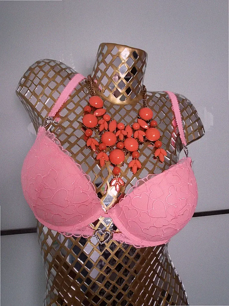 Super Push Up BH Polster Bügel BH Netz Stickerei Strass Herz Spitze Rosa 80B
