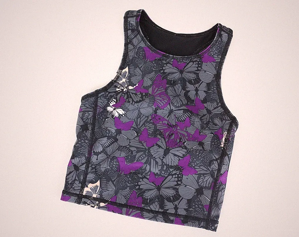 SWEATY BETTY Damen Sport-BH 2XS Grau Lila Schmetterlingsmuster Stretch