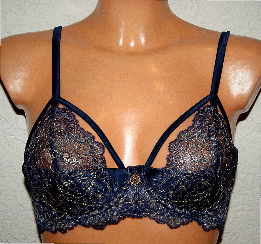 SYLVIE Bügel - BH * Bra chic dunkelblau - gold SPITZE raffiniert 70 B, 75 B