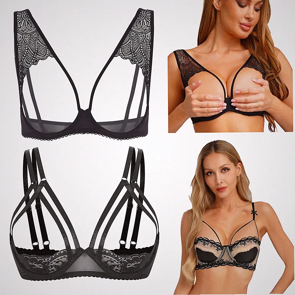 TiaoBug Damen Balconette BH Lace Lace Bra Crop Tops Offene Cups Unterwäsche