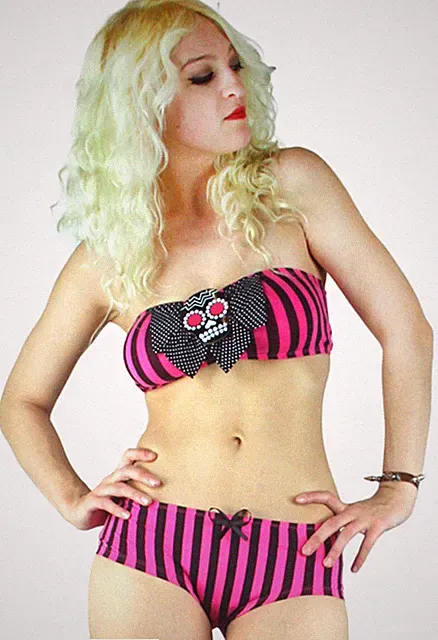 TooFast Unterwäsche SUGAR SKULL Striped Blondie BANDEAU Set / Dessous Rockabilly