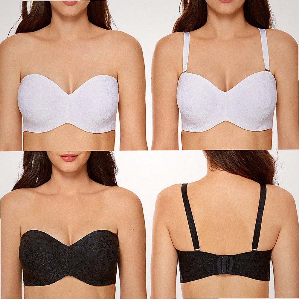 Trägerloser Multiway-BH Damen ohne Bügel Jacquard Spitze Übergröße B-G UK