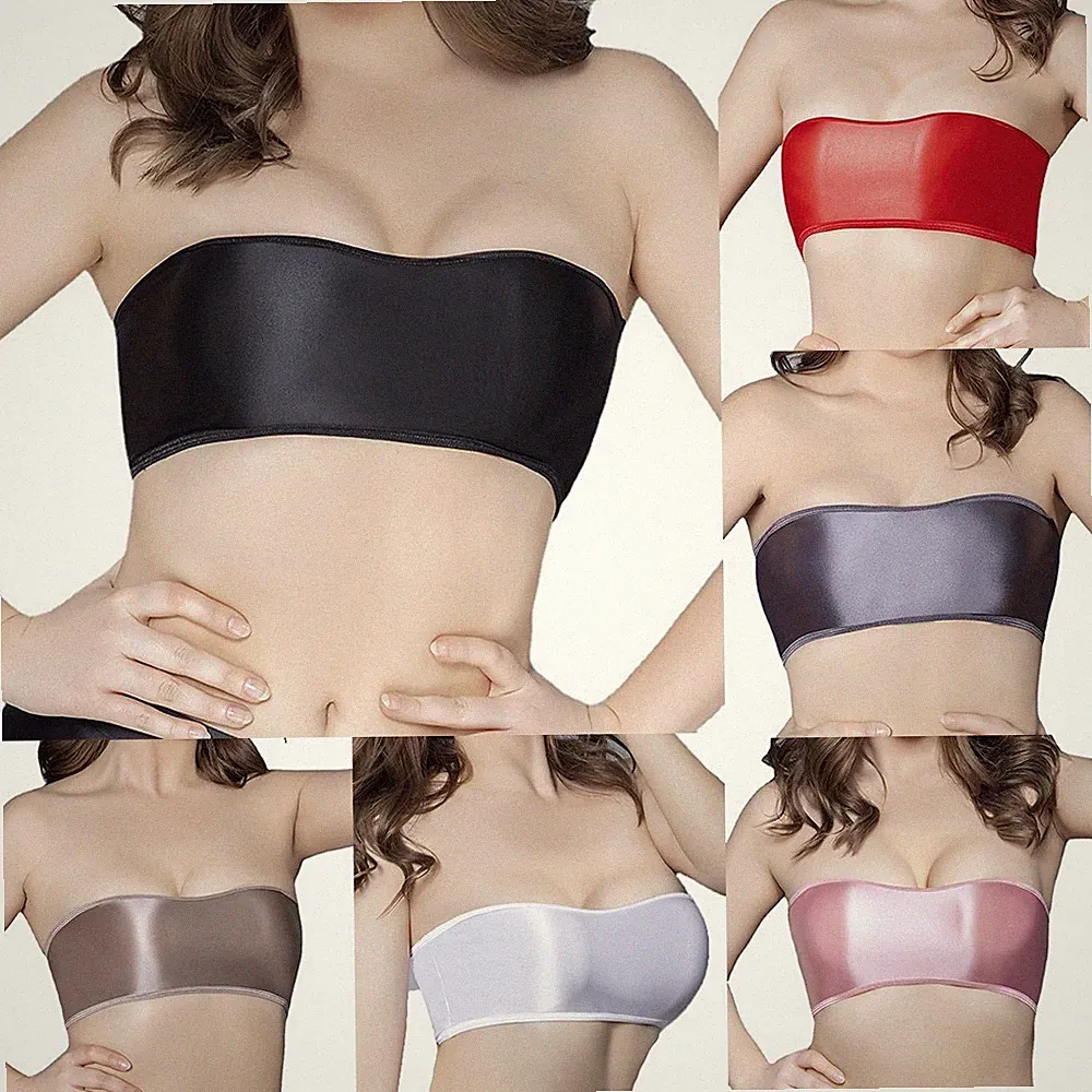 Trägerloser Nylon Enger BH Crop Top mit öligem Glanz für Damen Dessous