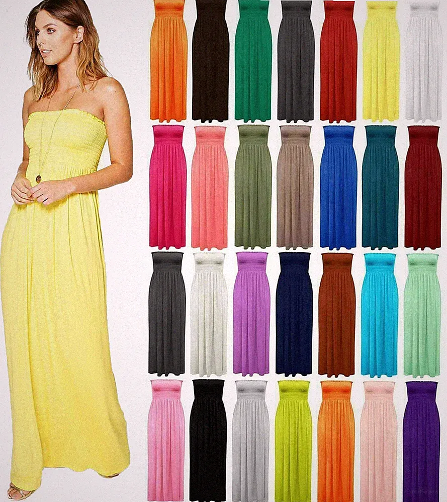 Trägerloses Damen-Maxikleid Damen schier Boob Röhre Bandeau lang Größe 8-22