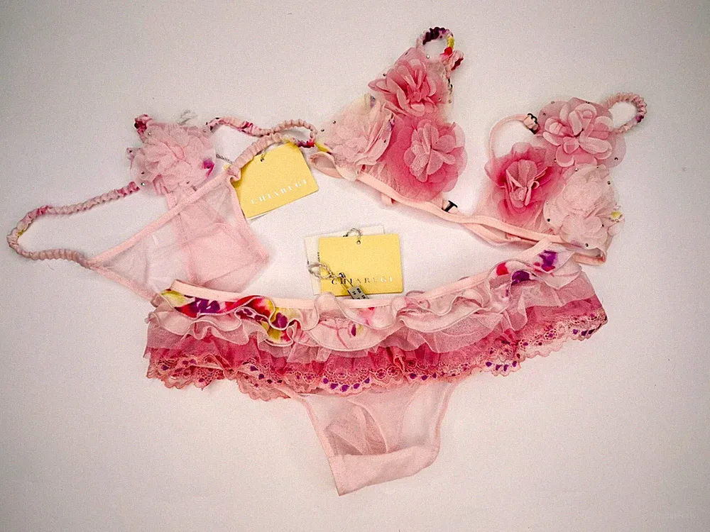 Triangel BH 3 Teile String Chiarugi Tüll / Blümchen pink rosa