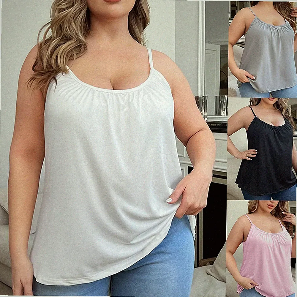 Übergröße Damen gepolsterte Cami Tops Träger Weste integrierter BH Stretch lockeres T-Shirt