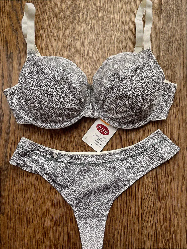 Ulla Bügel-BH-Set NEU 80E ungefüttert + String 36 Farbe Natur mit Silbergrau