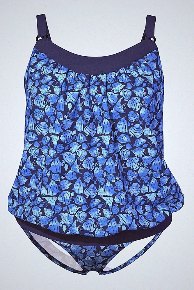 Ulla Popken Damen große Größen Tankini Fische Softcups Elastiksaum